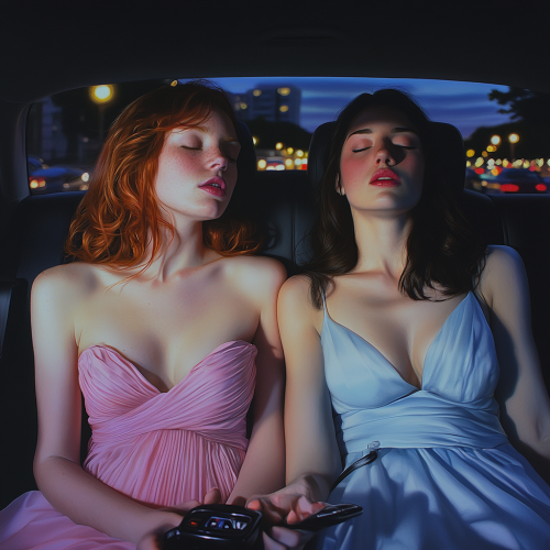 Two women in car, night drive through DC