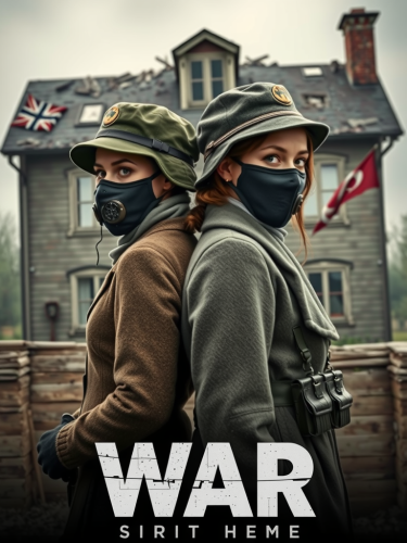 Two women in war gear stand back-to-back.