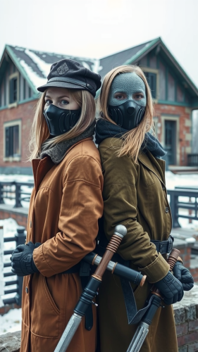 Two women in warm clothes, standing back-to-back.