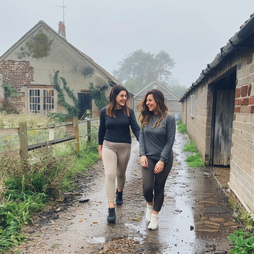 Two women smiling in rain on farm