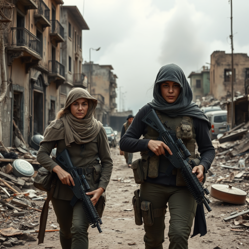 Two women soldiers in a destroyed city.