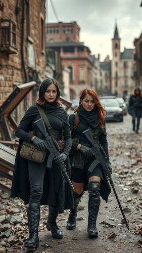 Two women soldiers in a destroyed city.