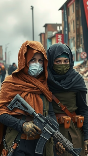 Two women soldiers in a destroyed city.