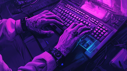 Typing in Neon Cyberpunk Office