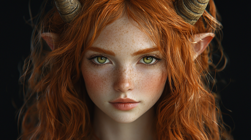 Ultra-realistic portrait of female with ginger hair and goat features.