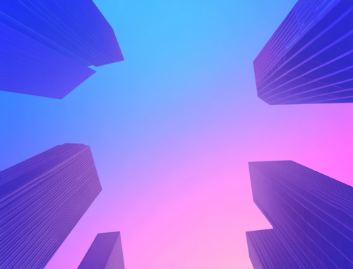 Underneath Modern Building Silhouettes in Gradient Sky