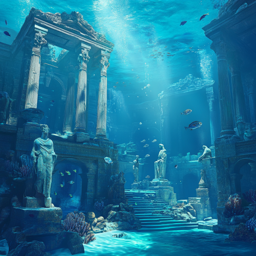 Underwater Atlantis cityscape with Greek ruins, coral-covered statues Underwater Atlantis cityscape with Greek ruins, coral-covered statues