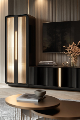 Unique cabinet with gold accents in modern living room