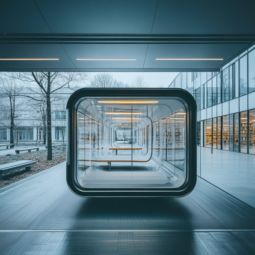 University library's modern space with sleek, transparent capsules