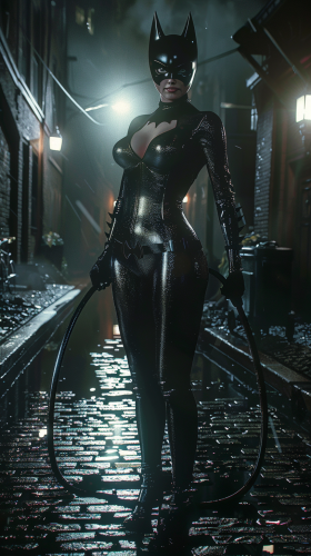 Unmasked Catwoman in dim alley with whip and confidence. Unmasked Catwoman in dim alley with whip and confidence.