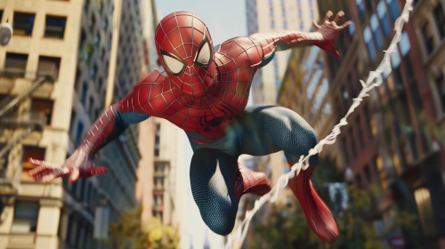 Unmasked Spiderman swinging through city streets, suit rippling. Lighting, action.