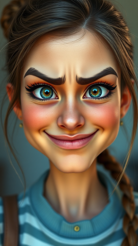 Unreal yet charming caricature of young woman, Pixar style.