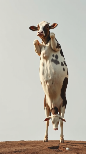 Upisde-down cow doing handstand in surreal background.
