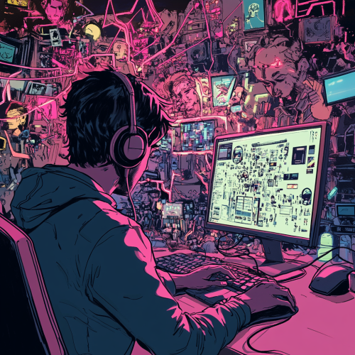 User on computer, corporate people manipulate data streams.