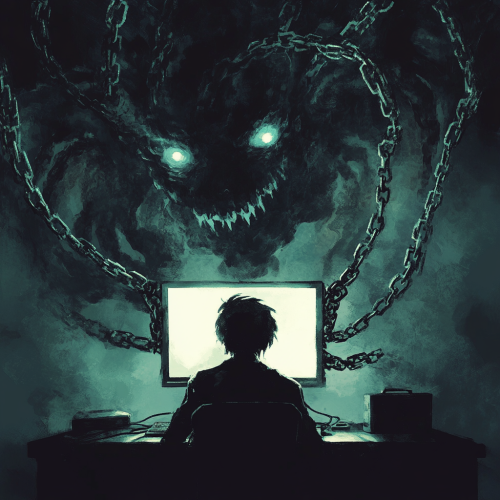 User on computer, manipulated by shadowy corporate figures.