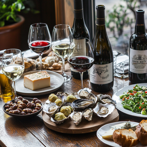 Variety of food and drinks on restaurant table.