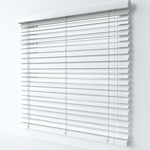 Vertical blinds open against white background