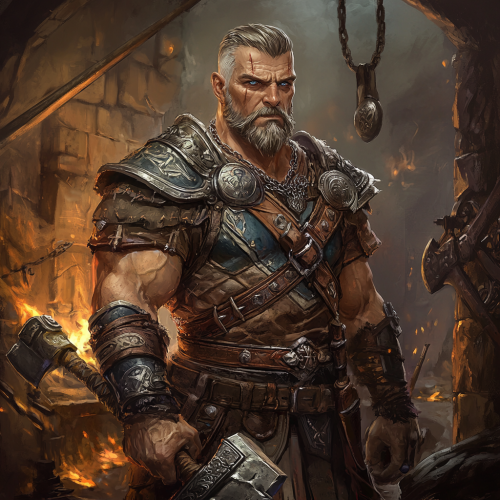 Veteran warrior with armor, hammer and sword at forge.