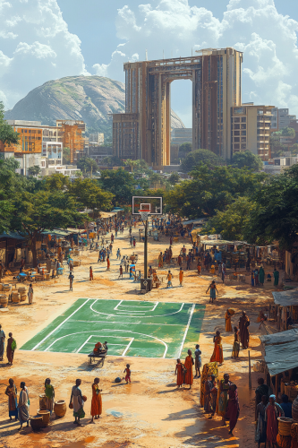 Vibrant Abuja scene with cultural clothing, traditional activities.