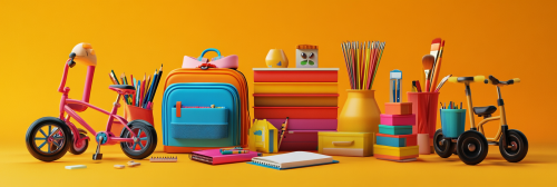 Vibrant children's store products bundle on orange. Vibrant children's store products bundle on orange.