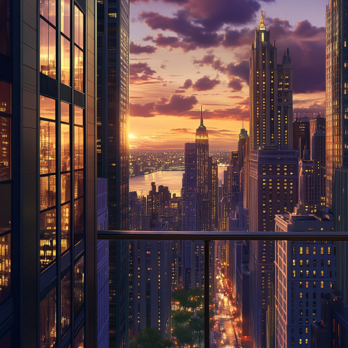 Vibrant city sunset with modern and classic buildings