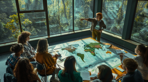 Vibrant classroom scene of geography teacher and students