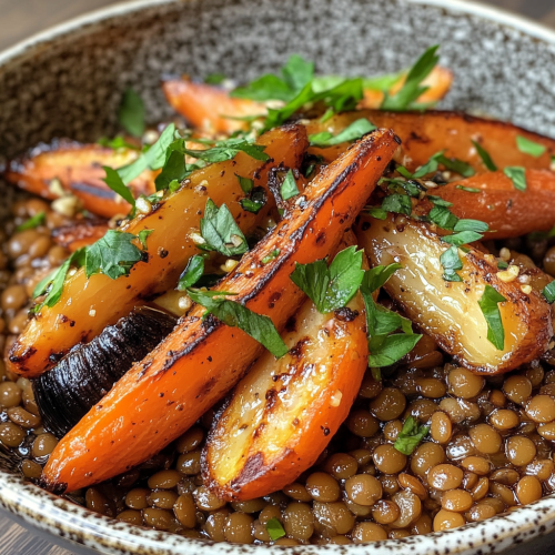 Vibrant lentil bowl with roasted carrots and garlic