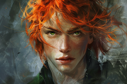 Vibrant red-haired Kvothe with intense green eyes portrait.