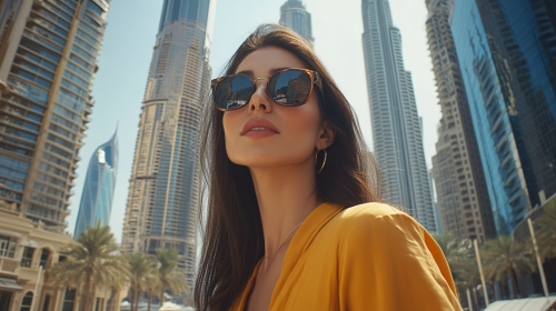 Woman walks in downtown Dubai with skyscrapers