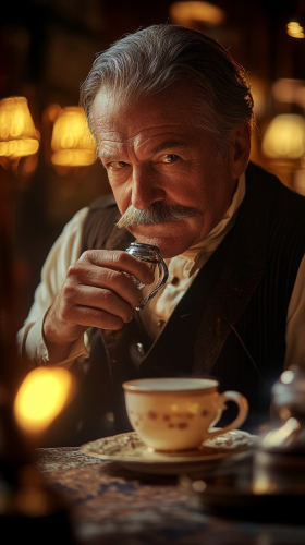 Victorian Gentleman Testing Mustache Protector in Dim Light