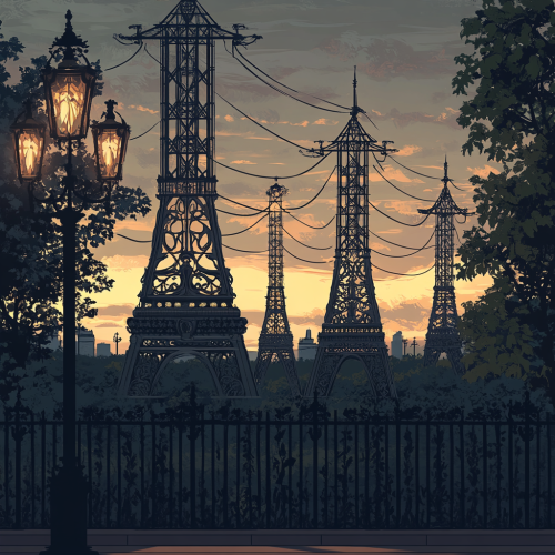 Victorian electric pylons with wrought iron patterns at dawn