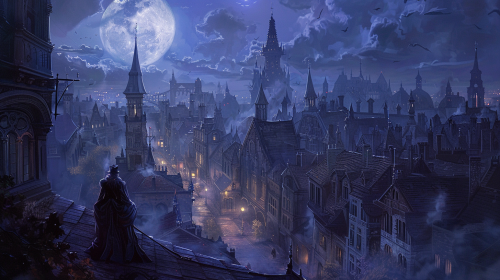 Victorian vampires on rooftops at night