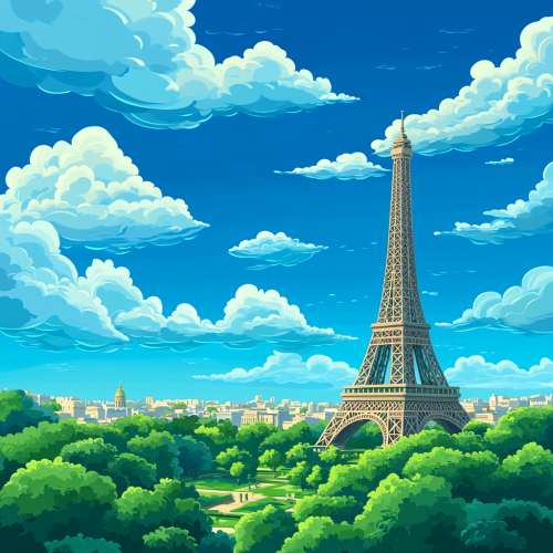 View of Eiffel Tower in Children's Book Style