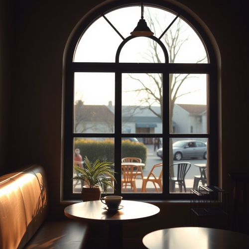 View of outside from coffee shop large window.