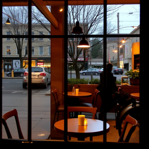 View of outside from dark coffee shop window.