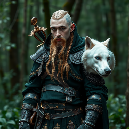 Viking Half Elf Ranger in Forest with Direwolf