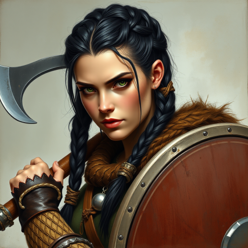 Viking Warrior Woman with Axe in Oil Painting