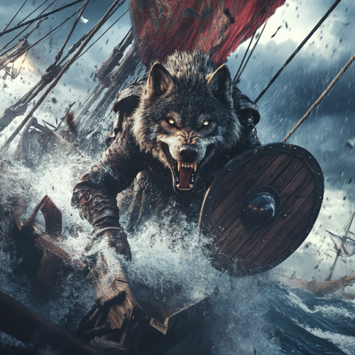 Viking ship faces attack by fierce wolf