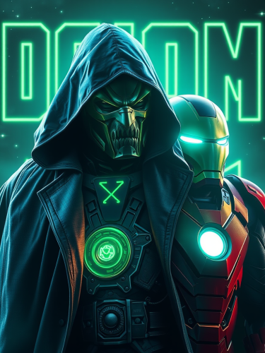 Villain and hero in glowing universe with neon.