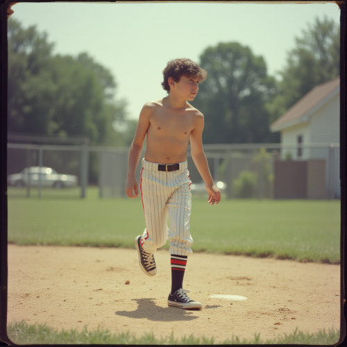 Vintage 1980s Teen Playing Baseball in Suburb