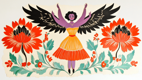 Vintage Soviet Folk Art Paper Cut-Out: Red Flowers, Anthropomorphic Purple Woman-inspired by Edward Gorey.