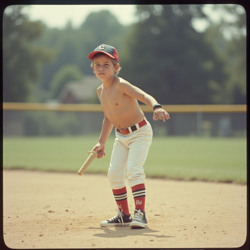 Vintage Summer Baseball Game in 1980s Suburb