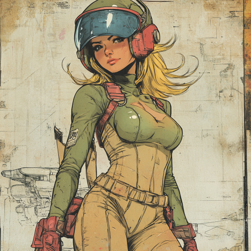 Vintage colored comic female hero mecha pilot illustration