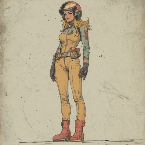 Vintage colored comic female hero mecha pilot standing full length