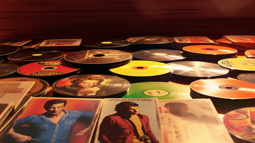 Vintage vinyl records on wooden table with warm lighting.