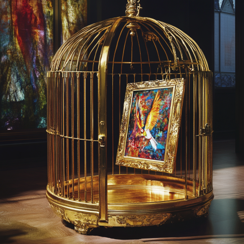 Vivid, hyper-realistic golden birdcage with escaping painting inside.