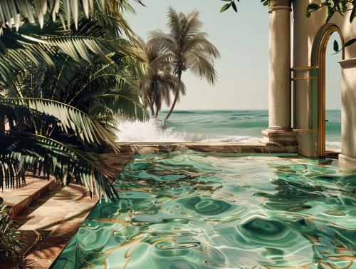 Vivid beach advertisement with palm trees and waves