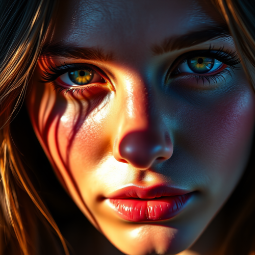 Vivid portrait of young woman in sunlight and shadows.