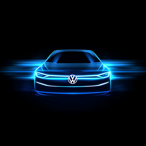 Volkswagen logo illuminated by blue pulsating energy on dark background.
