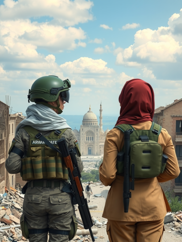 War's Destruction: Two Female Soldiers Amid Ruins